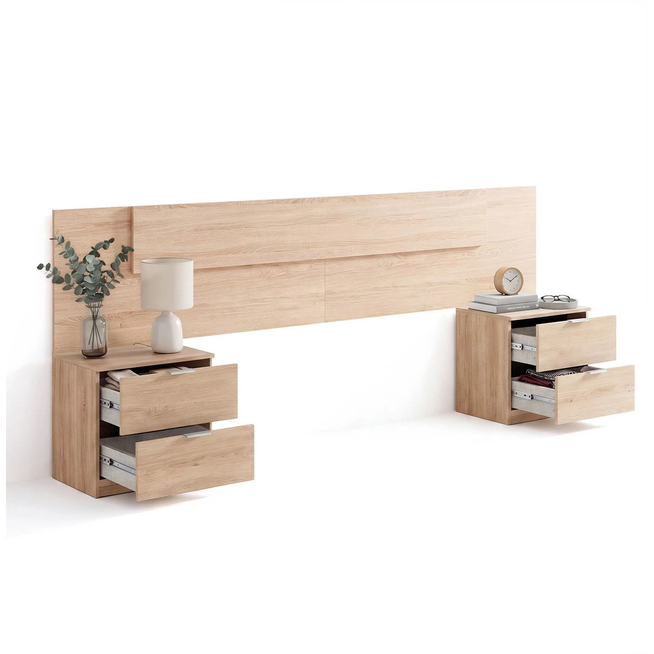 Cabecero para cama de 135-150 cm y 2 mesitas con cajones en roble canadian Akari Roble Canadian