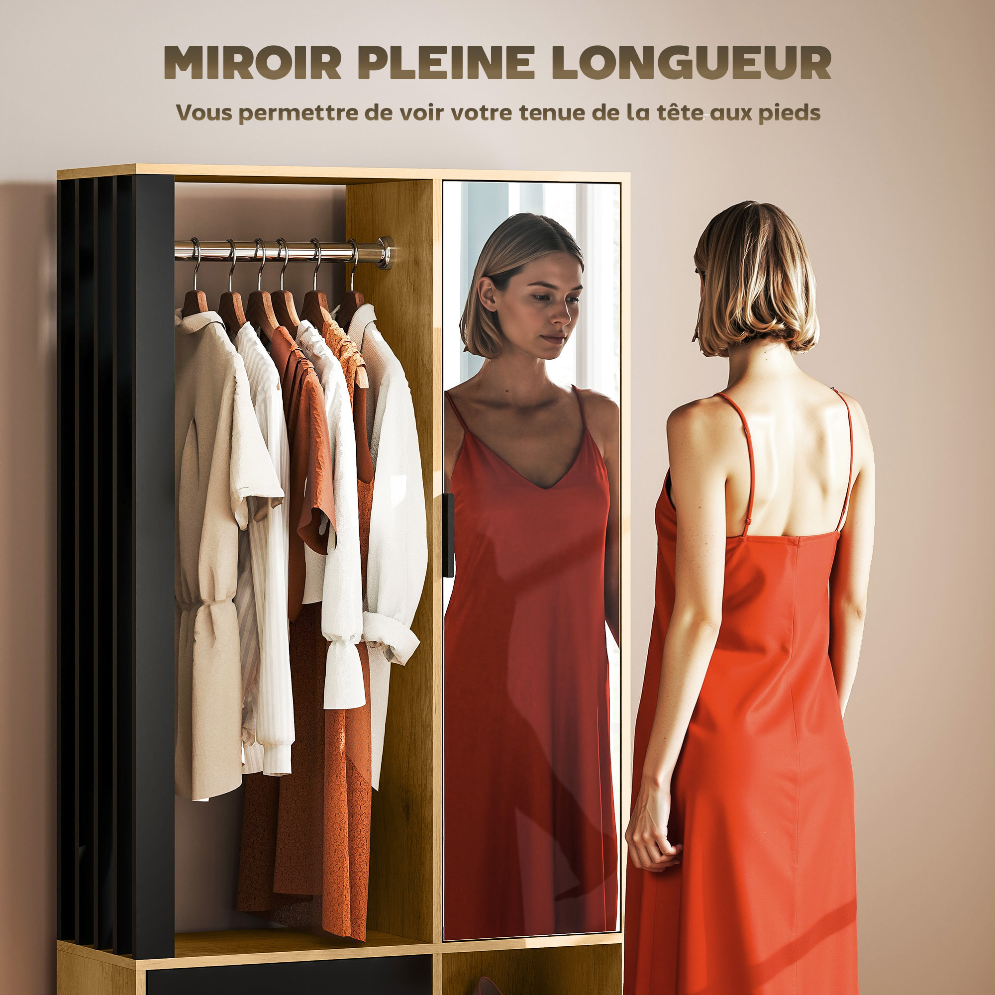 Armoire de chambre penderie dressing miroir design 2 portes, 4 étagères, 2 niches, tringle