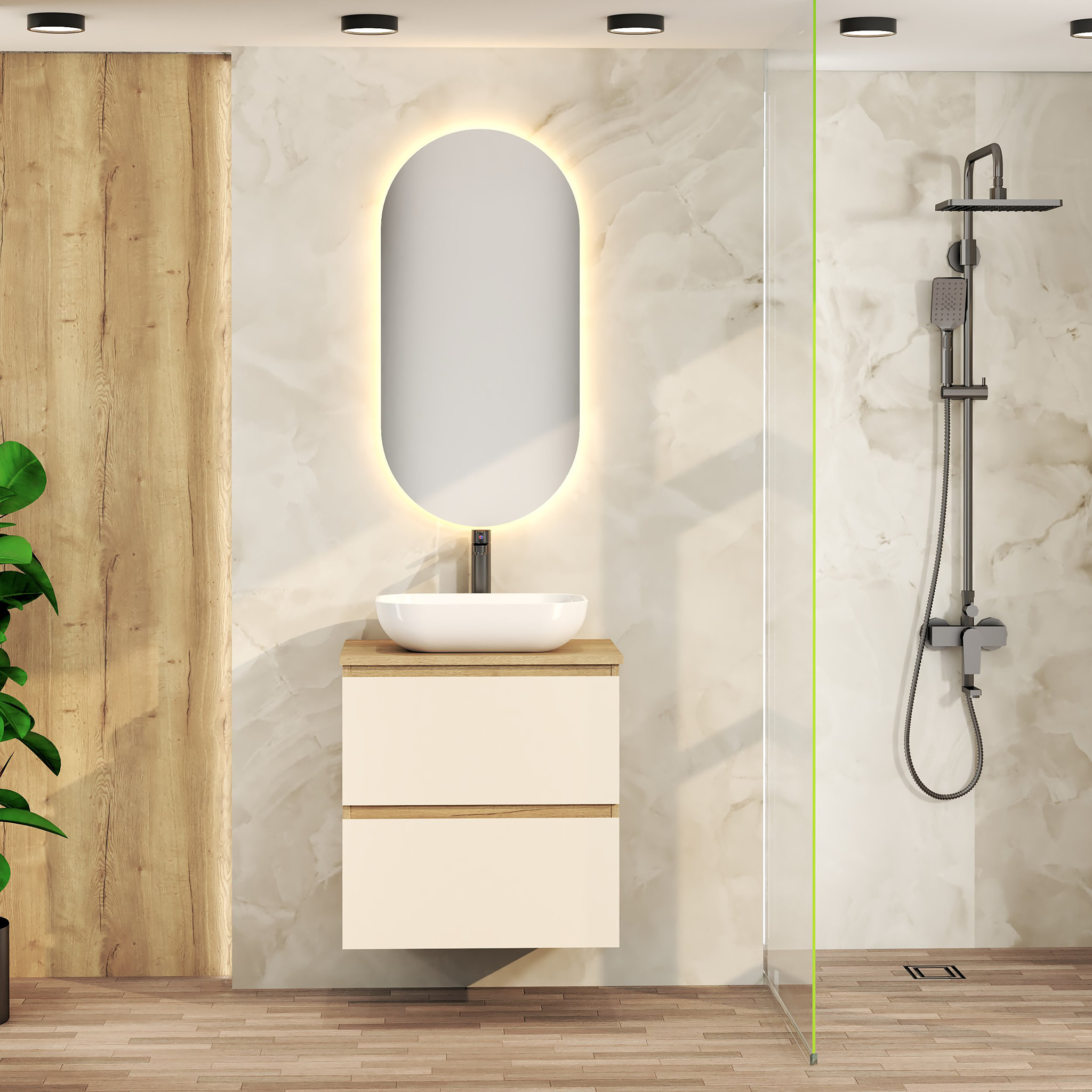 ENSEMBLE DE SALLE DE BAIN NIA | MEUBLE SUSPENDU | 60 CM GLACIER | DEUX TIROIRS |LAVABO SUR PLAN | MIROIR NON INCLUS | MEUBLE MONTÉ | ALDAY