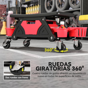 Taburete de Taller Giratorio con Ruedas Altura Ajustable Asiento Taburete para Mecánico con 2 Bandejas para Herramientas Portavasos Cajón Carga 135 kg para Garaje Reparación de Automóviles Rojo
