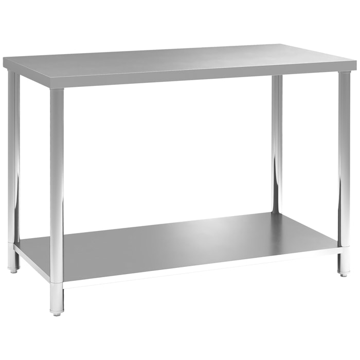 HOMCOM Mesa de Trabajo de Acero Inoxidable con 2 Estantes, Banco de Trabajo Taller Resistente para Cocina, Garaje, Carga 100 kg, 120x60x86 cm, Plata