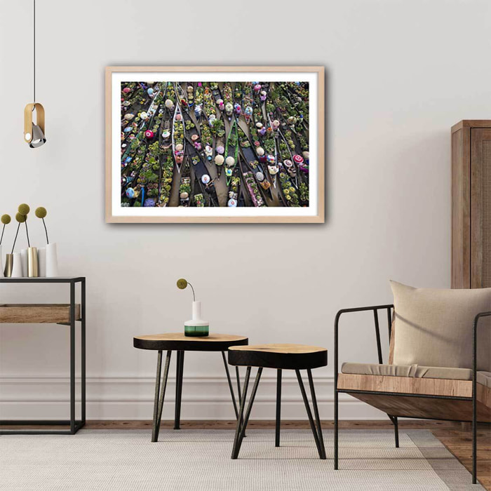 Affiche paysage marché flottant Affiche + cadre en bois - Chêne