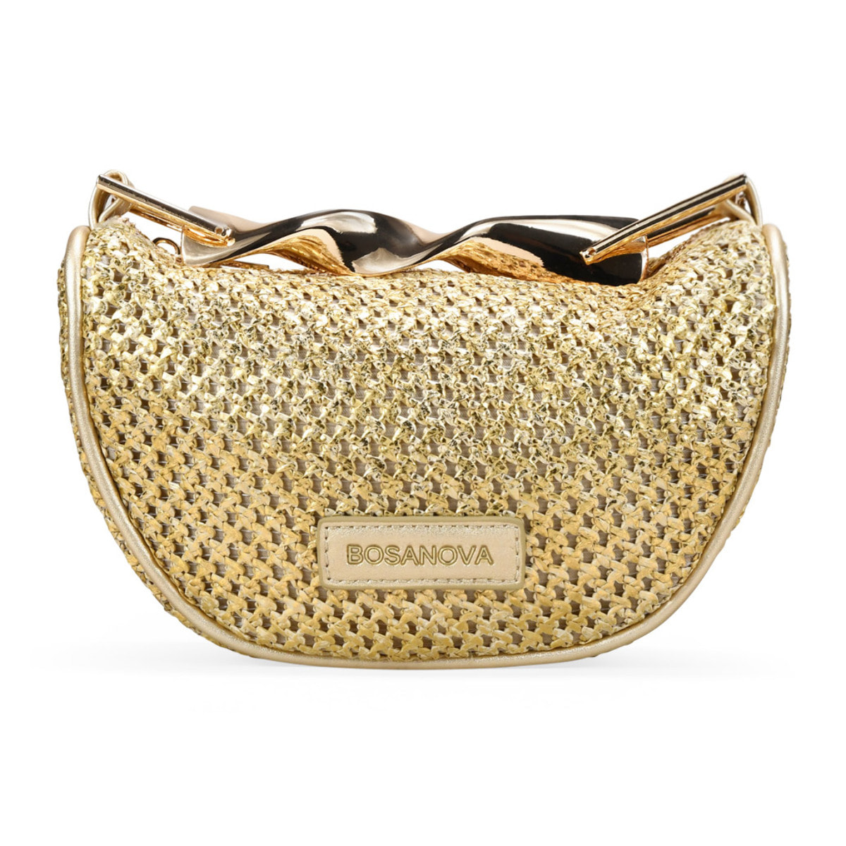 Bolso de mano dorado en rafia con asa metálica