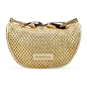 Bolso de mano dorado en rafia con asa metálica