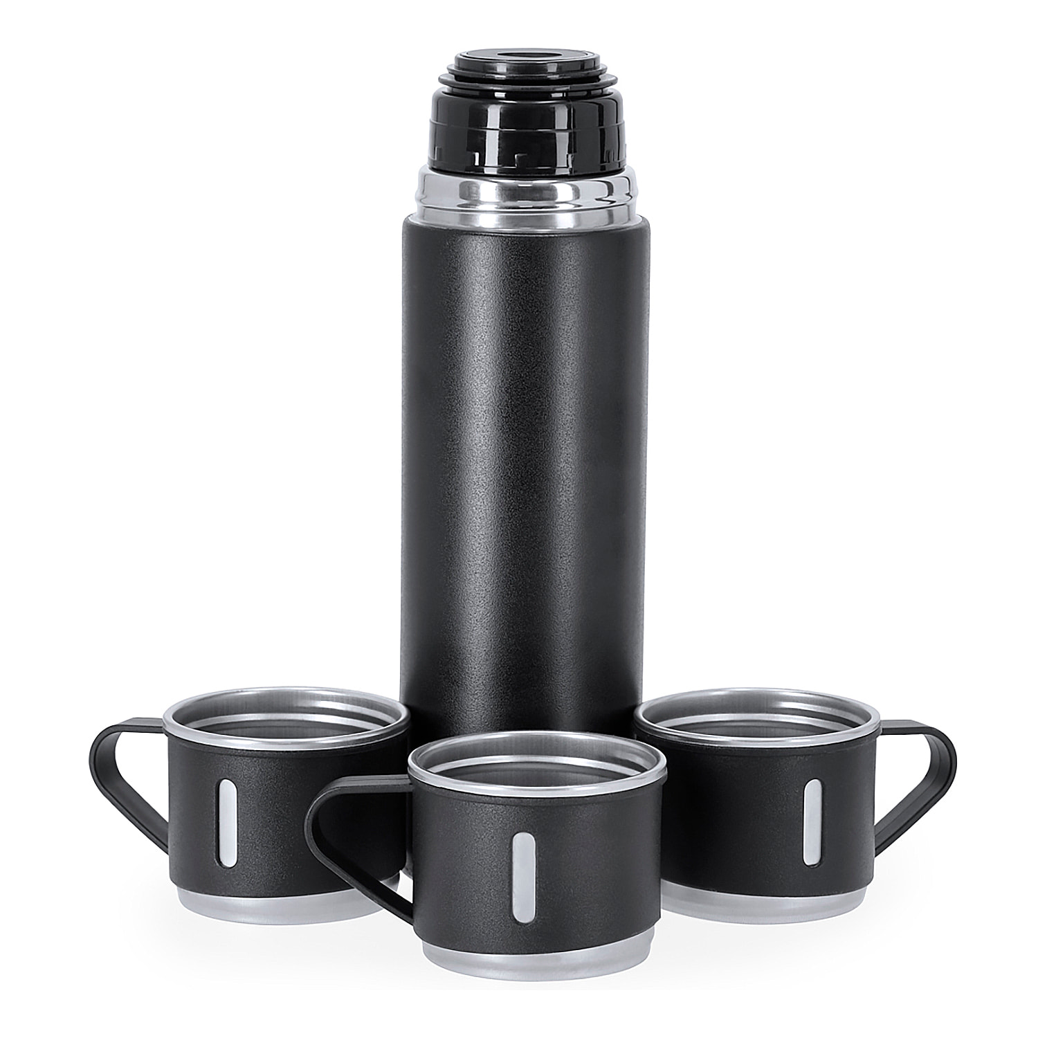 Set de termo con tazas fabricado en acero inox. Termo de 420 ml de capacidad y de doble pared, 3 tazas de 140ml.