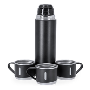 Set de termo con tazas fabricado en acero inox. Termo de 420 ml de capacidad y de doble pared, 3 tazas de 140ml.