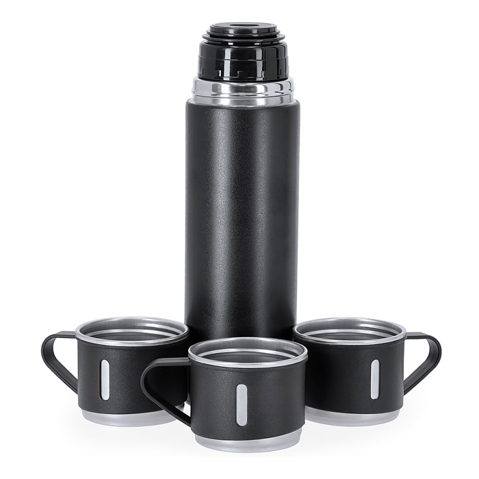Set de termo con tazas fabricado en acero inox. Termo de 420 ml de capacidad y de doble pared, 3 tazas de 140ml.