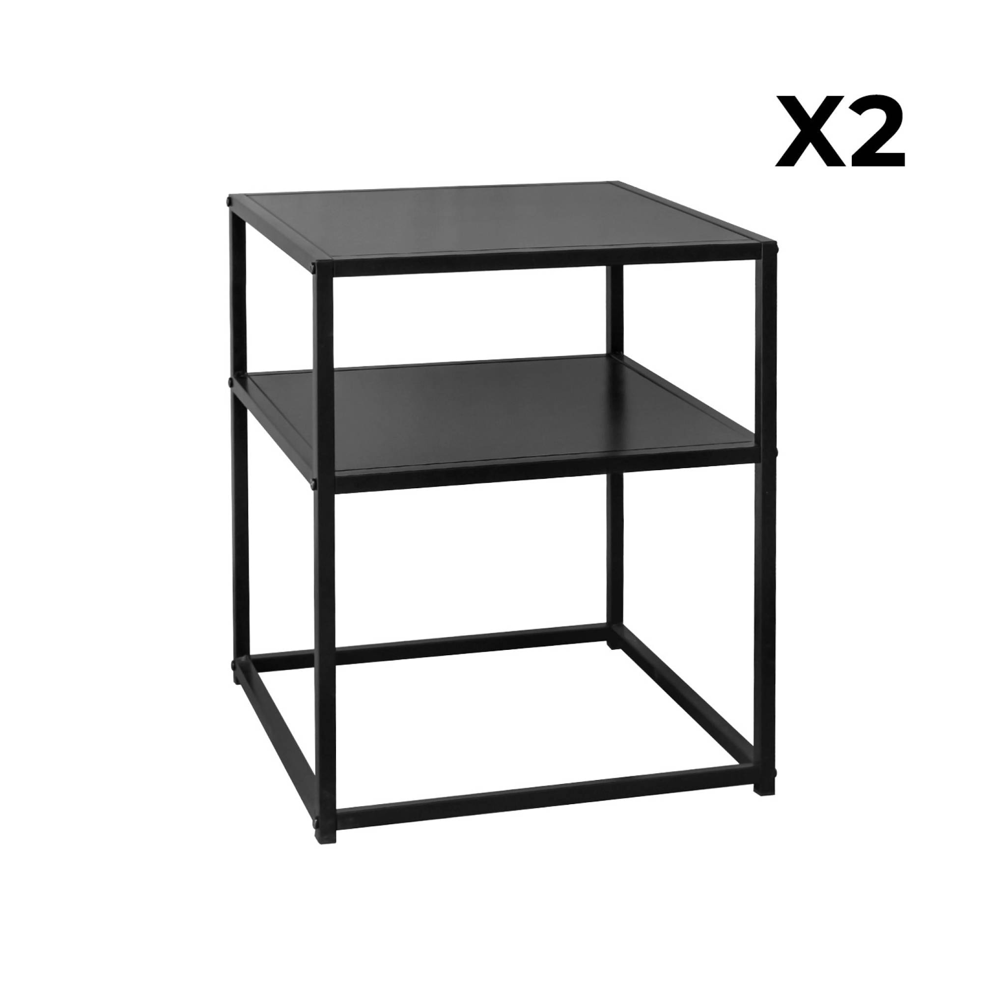 Lot de 2 Tables de chevet en métal noir. 1 étagère. INDUSTRIELLE L 43 x l 40 x H 52cm