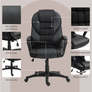 Chaise de bureau manager ergonomique - hauteur réglable, fonction à bascule, pivotant - PU polyester noir