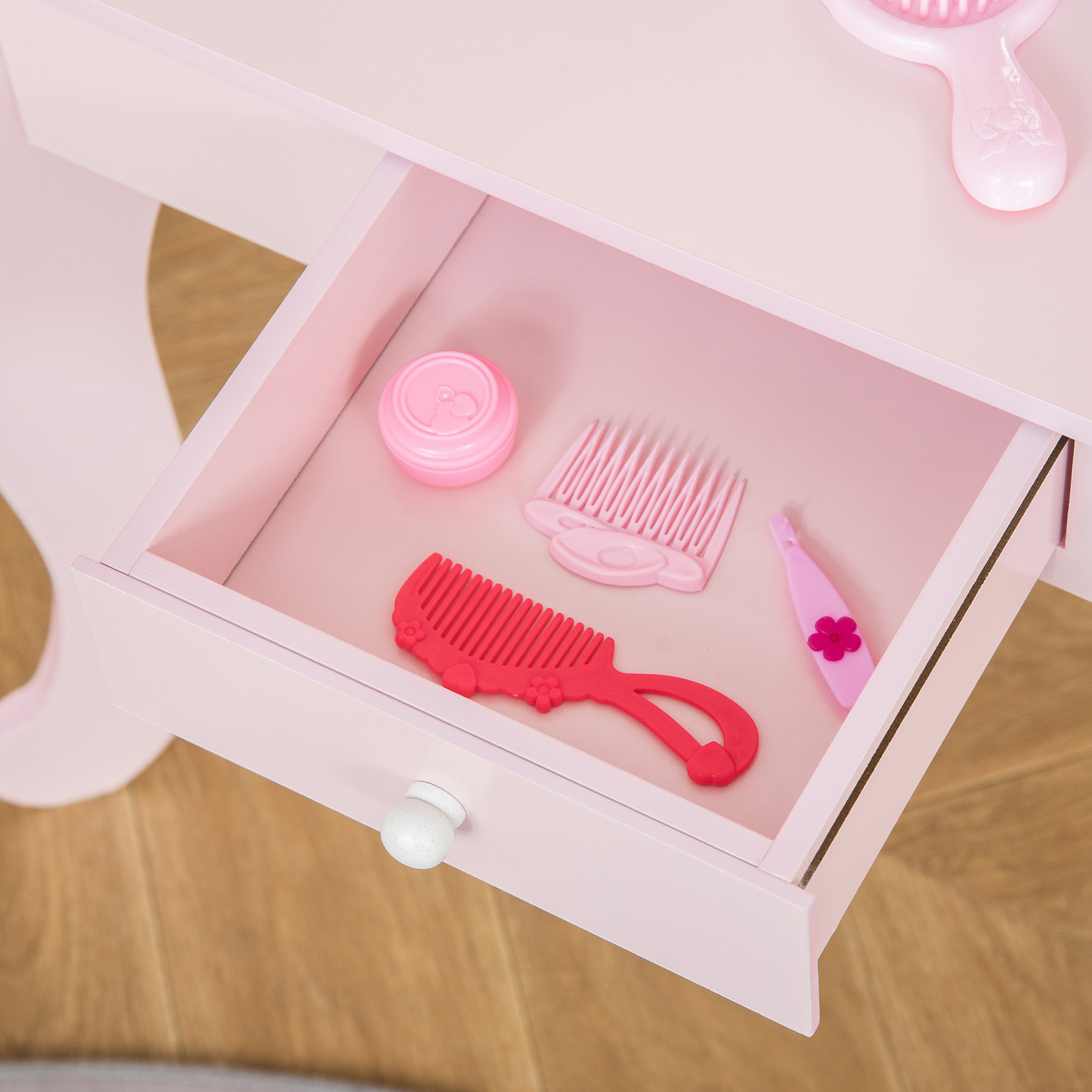 Coiffeuse enfant design girly avec motifs à coeur - tabouret inclus - dim. 60L x 36l x 88H cm - tiroir, miroir - MDF - rose
