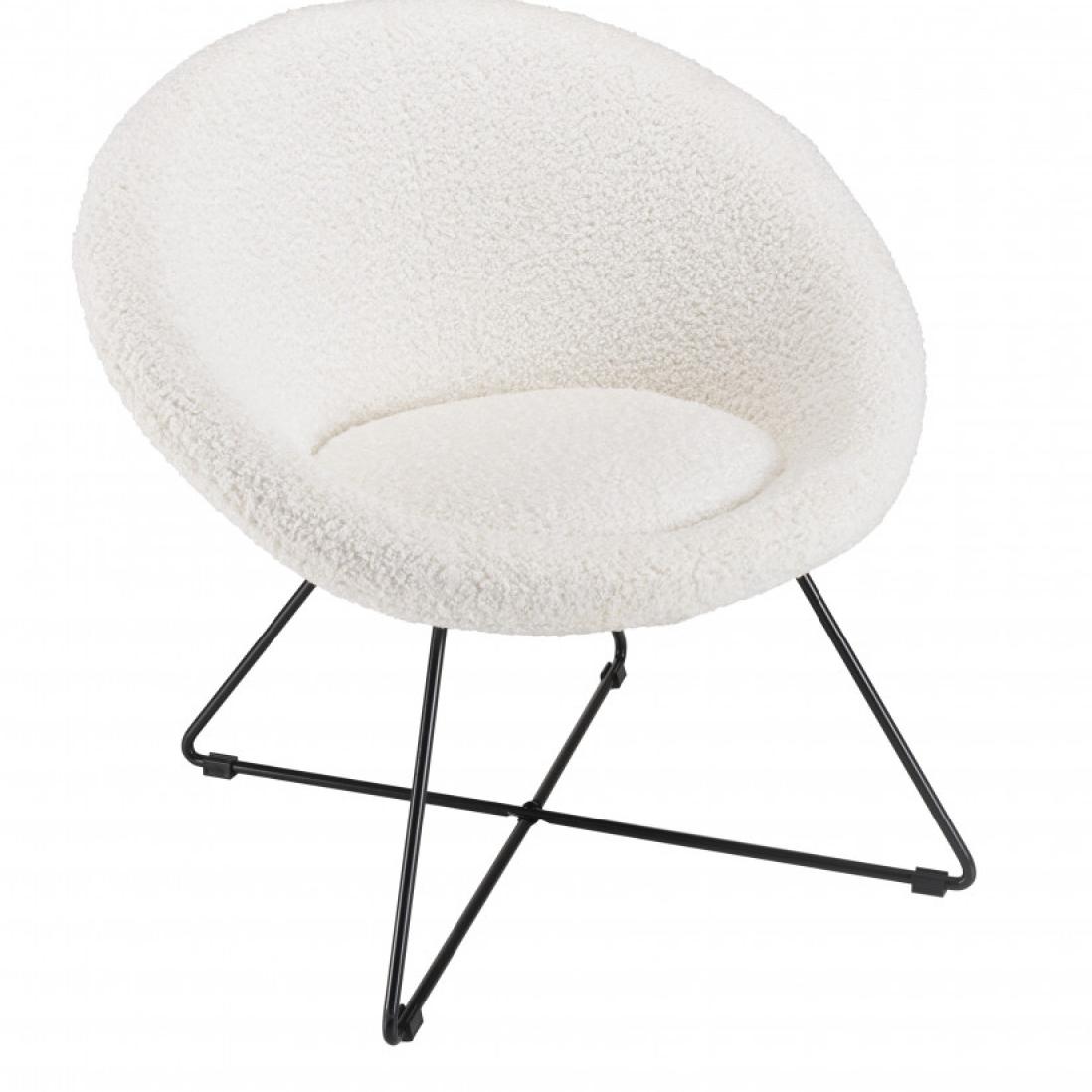 ALBANE - Fauteuil tissu bouclette blanc pieds croisés métal noir