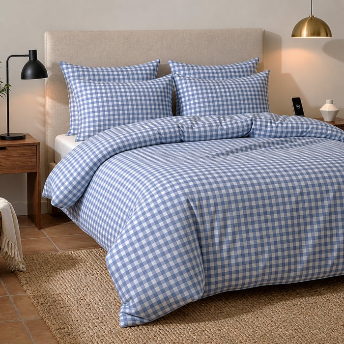 Parure housse de couette 260x240 cm imprimée vichy bleu + 2 taies 100% Coton - CELESTIN
