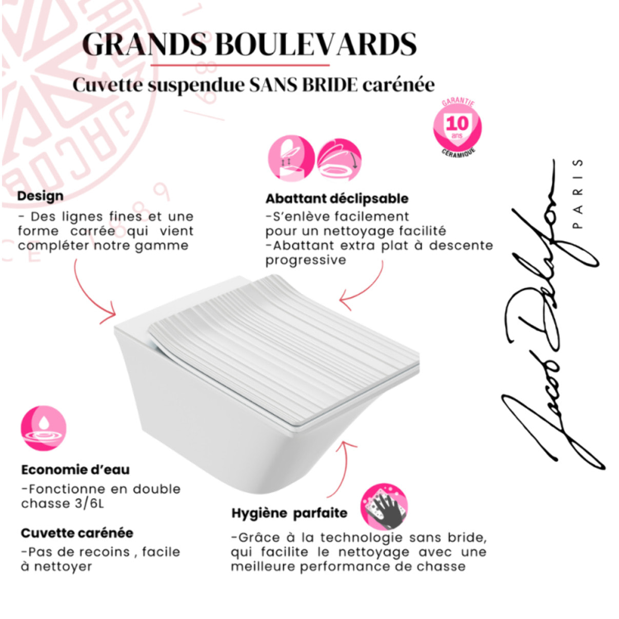 Cuvette WC suspendu sans bride Grands Boulevards avec abattant frein de chute extra-plat déclipsable