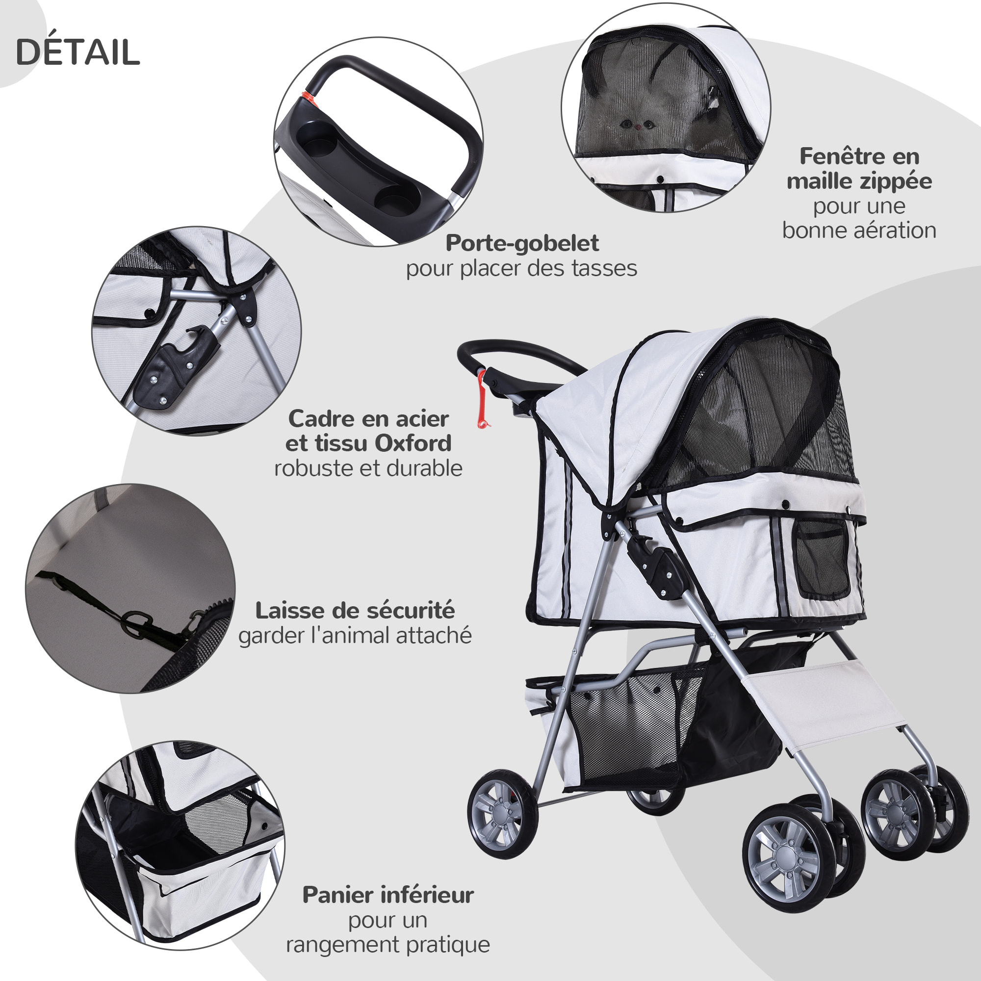 Poussette buggy pliable animaux chariot pliant chien chat porte-gobelet panier de rangement inclus roues avec frein tissu 600D Oxford métal gris