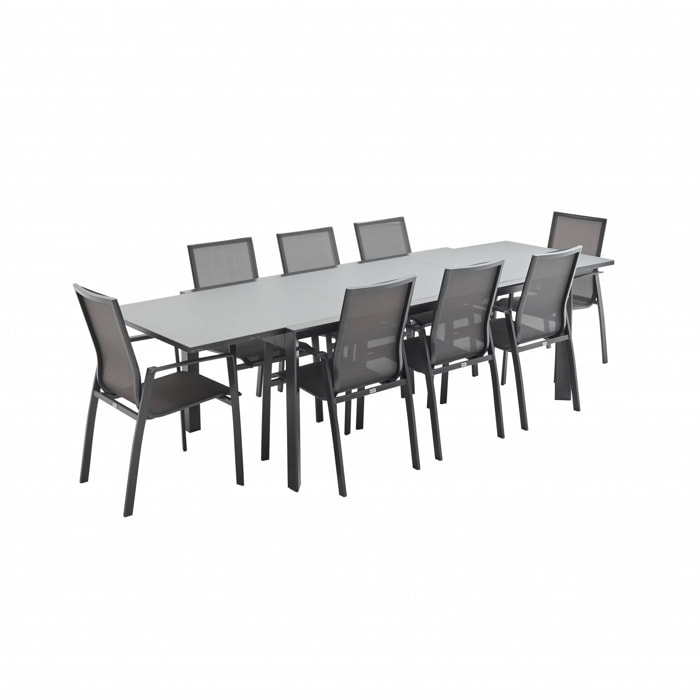 Salon de jardin table extensible - Washington Gris foncé - Table en aluminium 200/300cm. plateau en verre dépoli. rallonge et 8 fauteuils en textilène