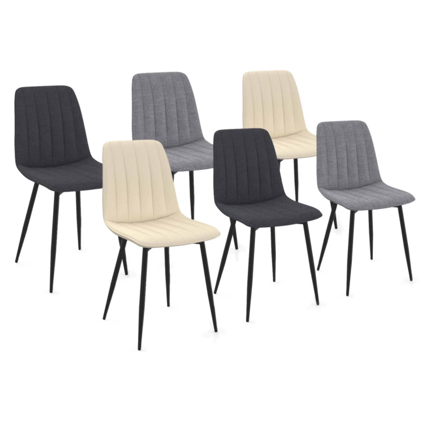 Chaises Fiona velours mix couleurs (beige, gris foncé et gris clair) pieds métal noirs - lot de 6