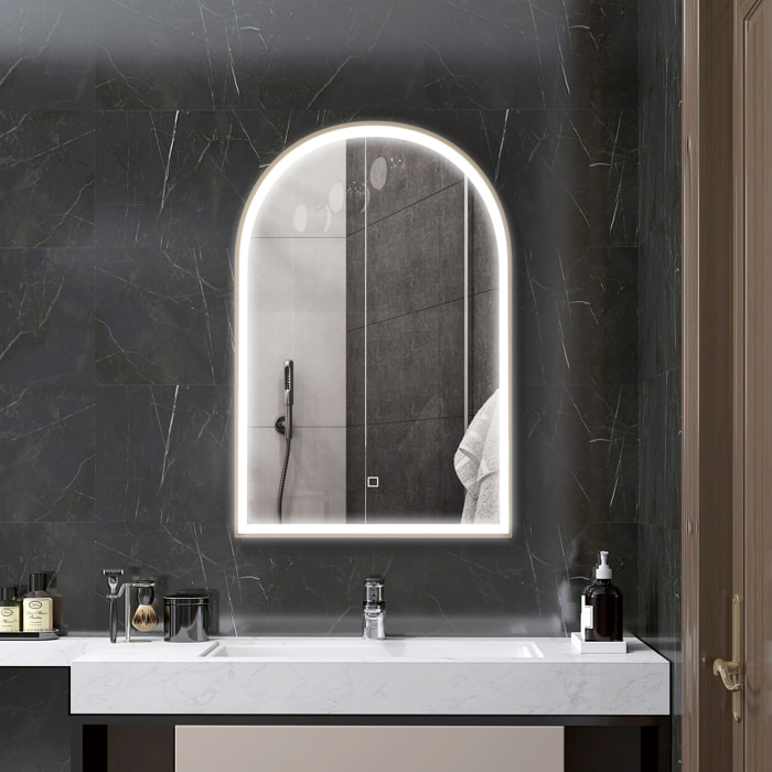 Miroir lumineux LED arqué de salle de bain 90 x 60 cm - tactile, réglable, anti-buée - alu doré