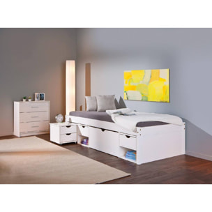 Letto con vani contenitore e comodino conruote incluso in pino massello verniciato ad acqua bianco, cm 209 x 96 x 47,5