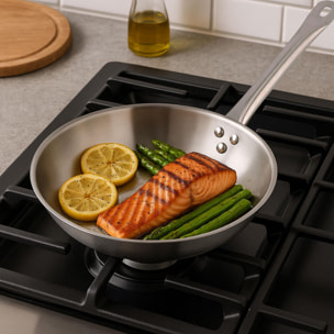 sartén en acero inoxidable, apta para inducción y sin antiadherente