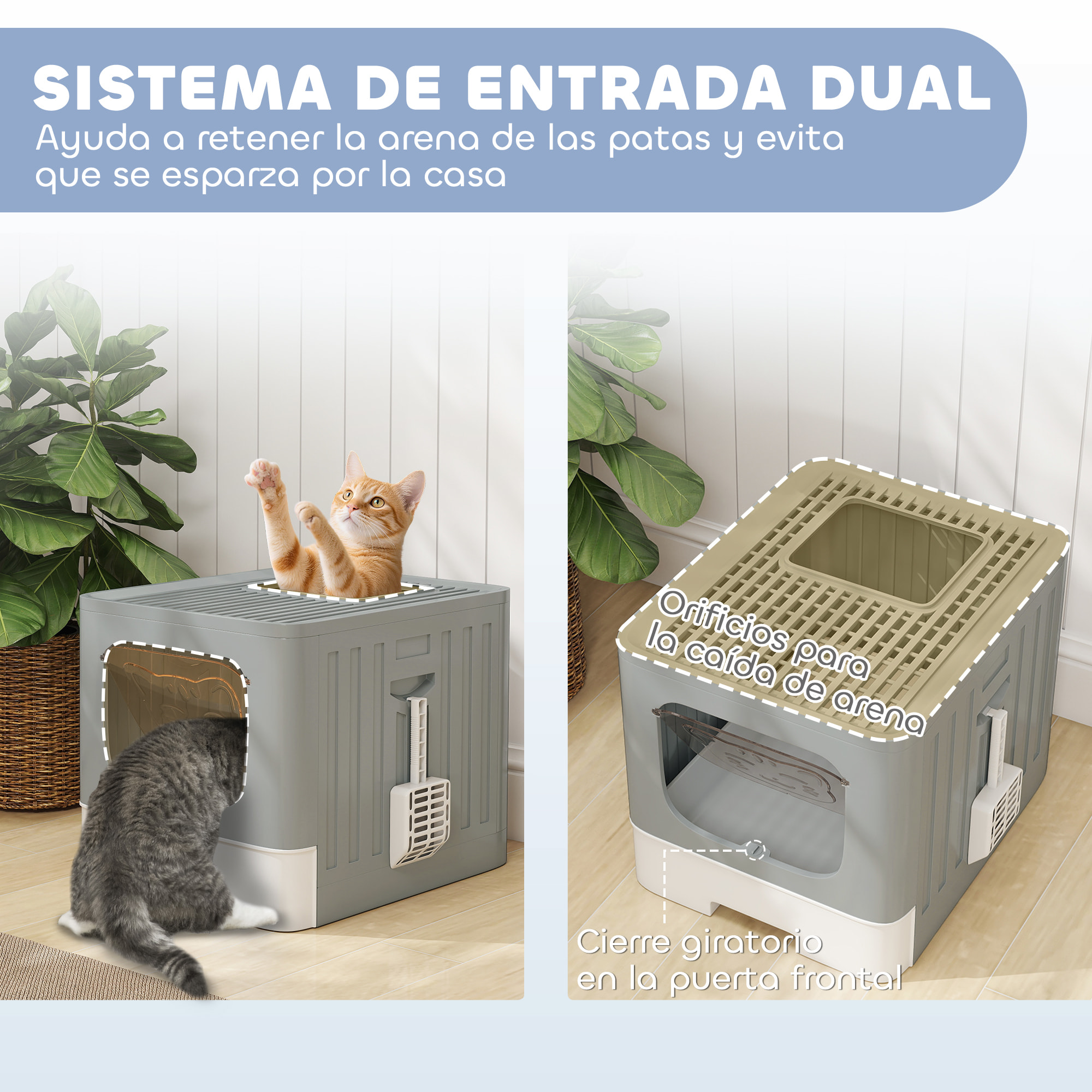 Arenero para Gatos Plegable, M, Caja de Arena para Gatos con Tapa Enrejada, Bandeja Extraíble, Pala, Gancho Lateral, Fácil de Limpiar, Antifugas, Control de Olores, Gris