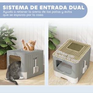 Arenero para Gatos Plegable, M, Caja de Arena para Gatos con Tapa Enrejada, Bandeja Extraíble, Pala, Gancho Lateral, Fácil de Limpiar, Antifugas, Control de Olores, Gris