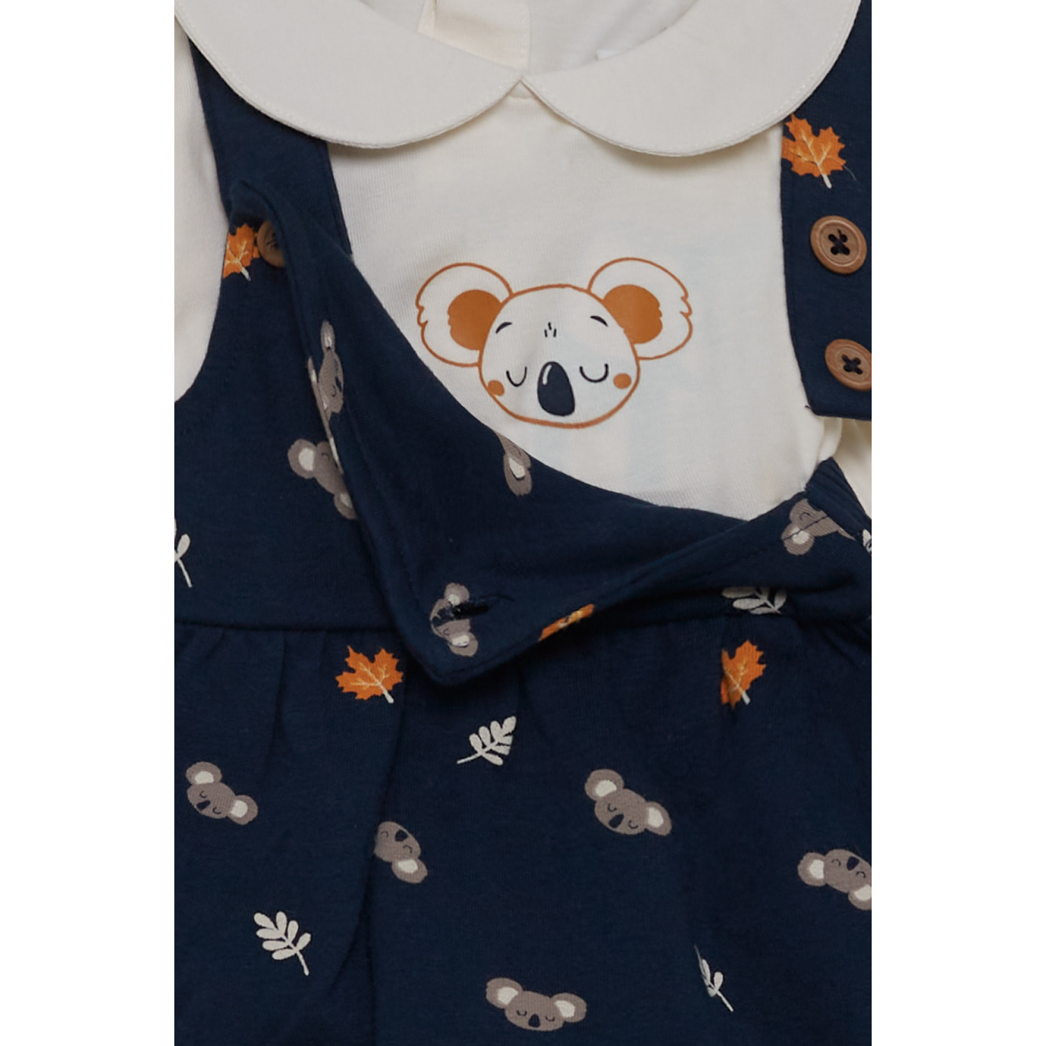 Conjunto bebé niño camiseta crudo y ranita azul marino, estampado de koalas y hojas, cuello bebé | Color: Marino | Street Monkey