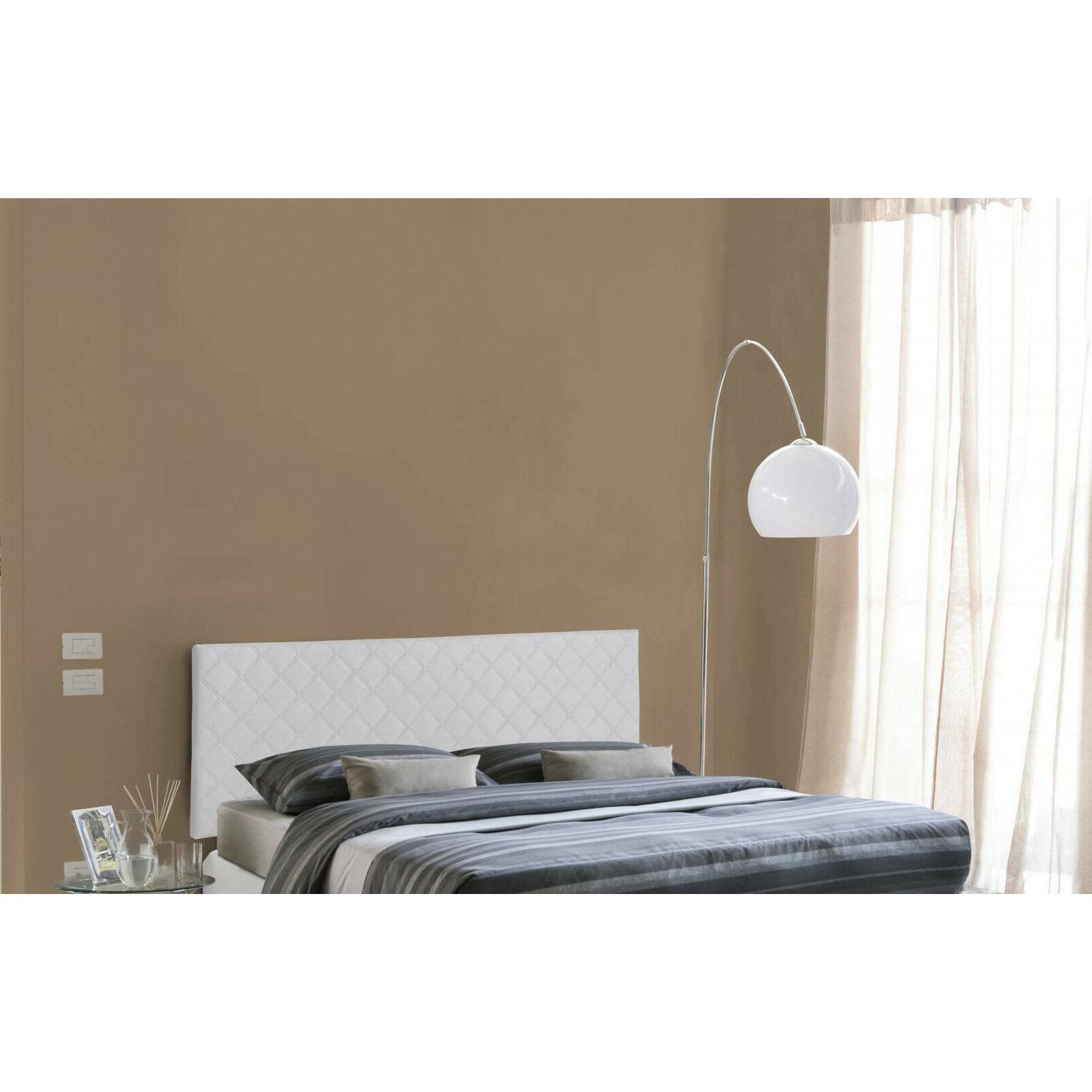Letto matrimoniale Amarillide, Testata in ecopelle a muro, 100% Made in Italy, adatta a letto Matrimoniale, Cm 170x60, Bianco
