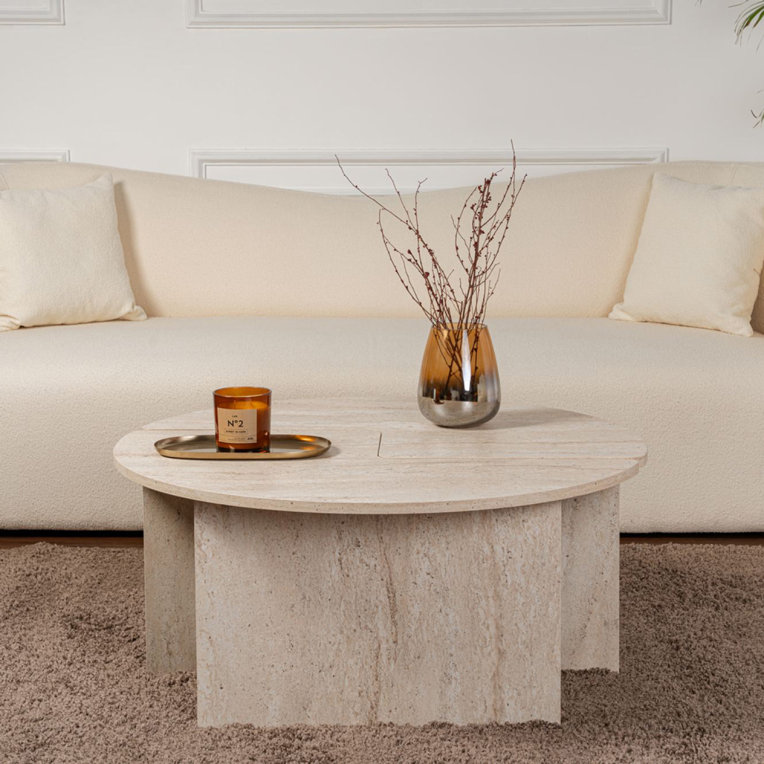 ELIAS Table basse ronde duo effet travertin 90cm