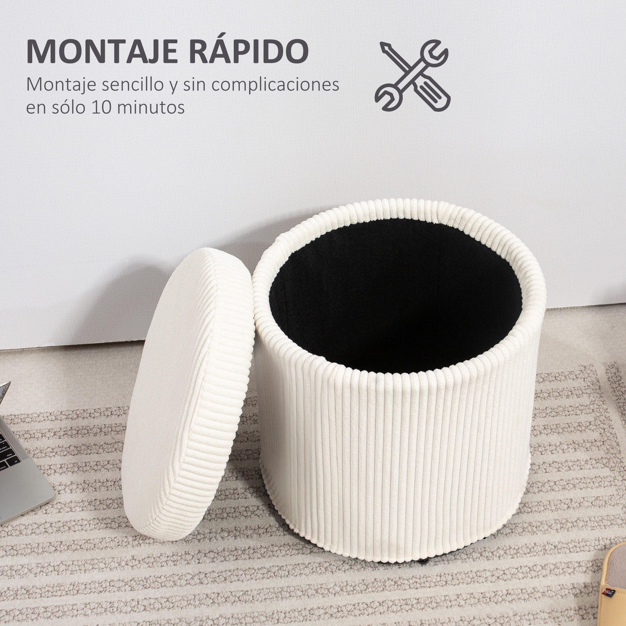 Puff Almacenaje Baúl de Almacenaje Redondo Tapizado en Pana Asiento Acolchado Tapa Extraíble para Pasillo Dormitorio Salón Ø40x41 cm Beige