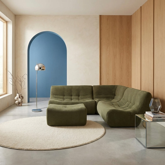 Canapé d'angle modulable 5 places avec repose pied velours côtelé SOKOL