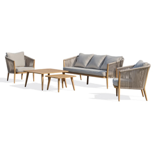 IBARRA - Salon bas de jardin 5 pl en aluminium imitation bois et corde tissée