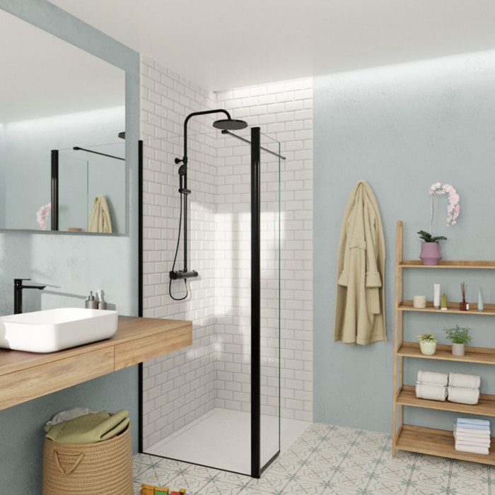 Walk-in 90x200cm Paroi et retour pivotant en verre Crystal Glass® 8 mm anticalcaire , avec bras et profilés noir mat
