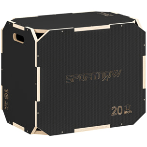 Cajón Pliométrico de Madera 3 en 1, Plataforma de Caja Pliométrica con 3 Alturas Ajustables 61/51/41 cm, Asas, sin Esquinas, Entrenamiento de Salto, Fuerza, para Casa, Gimnasio y Exterior