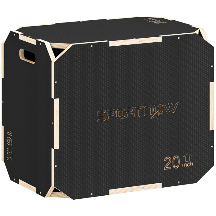 Cajón Pliométrico de Madera 3 en 1, Plataforma de Caja Pliométrica con 3 Alturas Ajustables 61/51/41 cm, Asas, sin Esquinas, Entrenamiento de Salto, Fuerza, para Casa, Gimnasio y Exterior