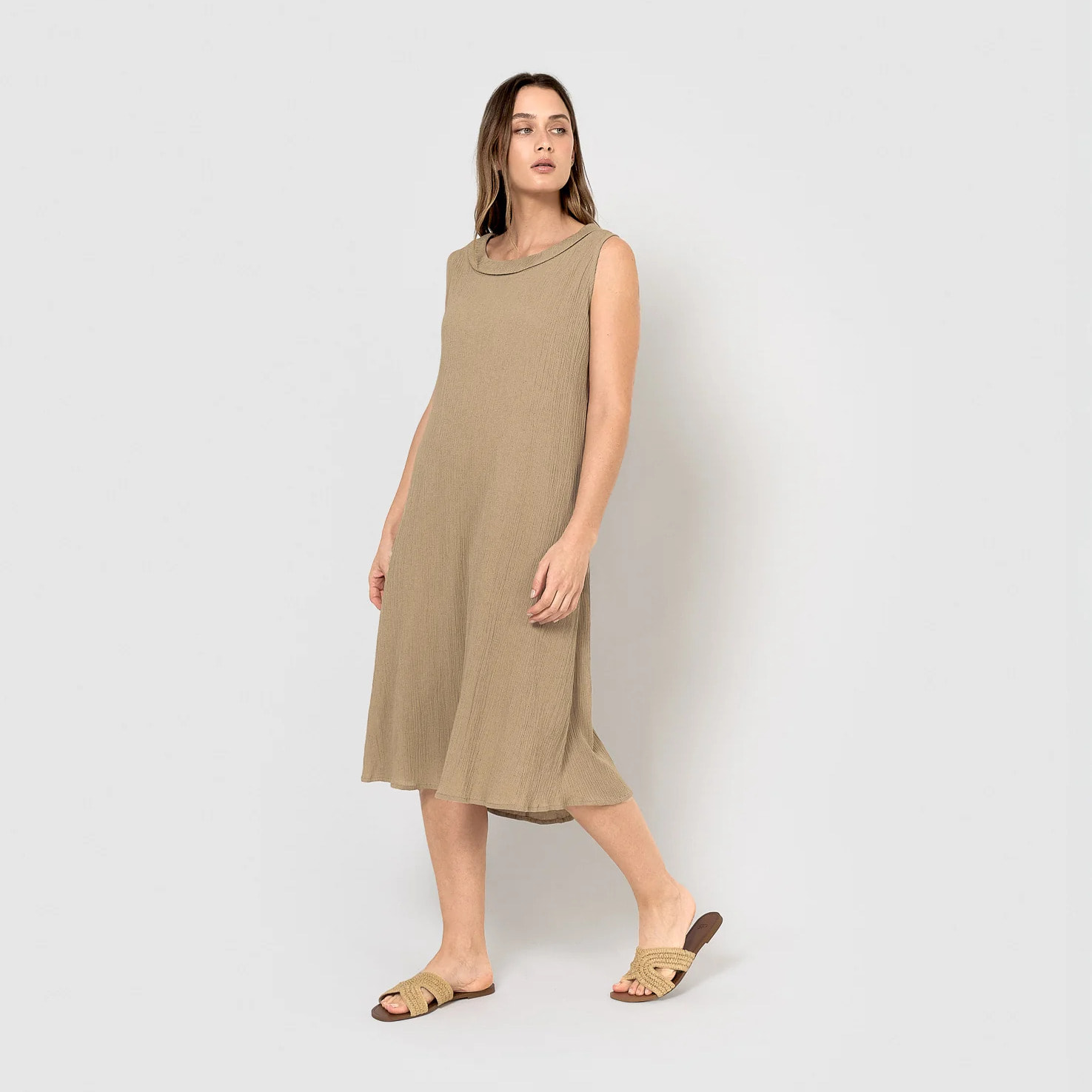 Vestido midi cuello drapeado algodón lino cuerda