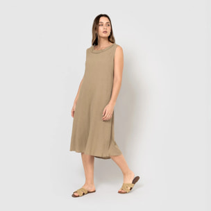 Vestido midi cuello drapeado algodón lino cuerda