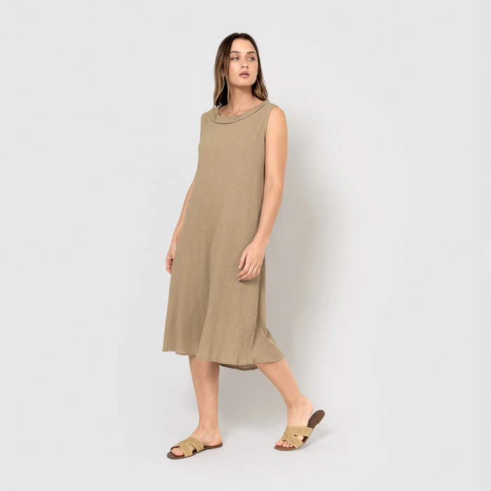 Vestido midi cuello drapeado algodón lino cuerda