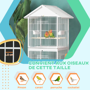 Volière cage à oiseaux sur roulettes design maison mangeoires perchoirs 10 portes plateaux excréments amovibles acier blanc