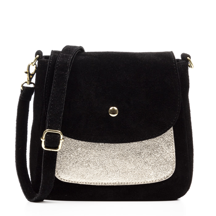 Altissimo borsa a spalla donna. Pelle autentica Camoscio combinato con Camoscio Lucido brillante.