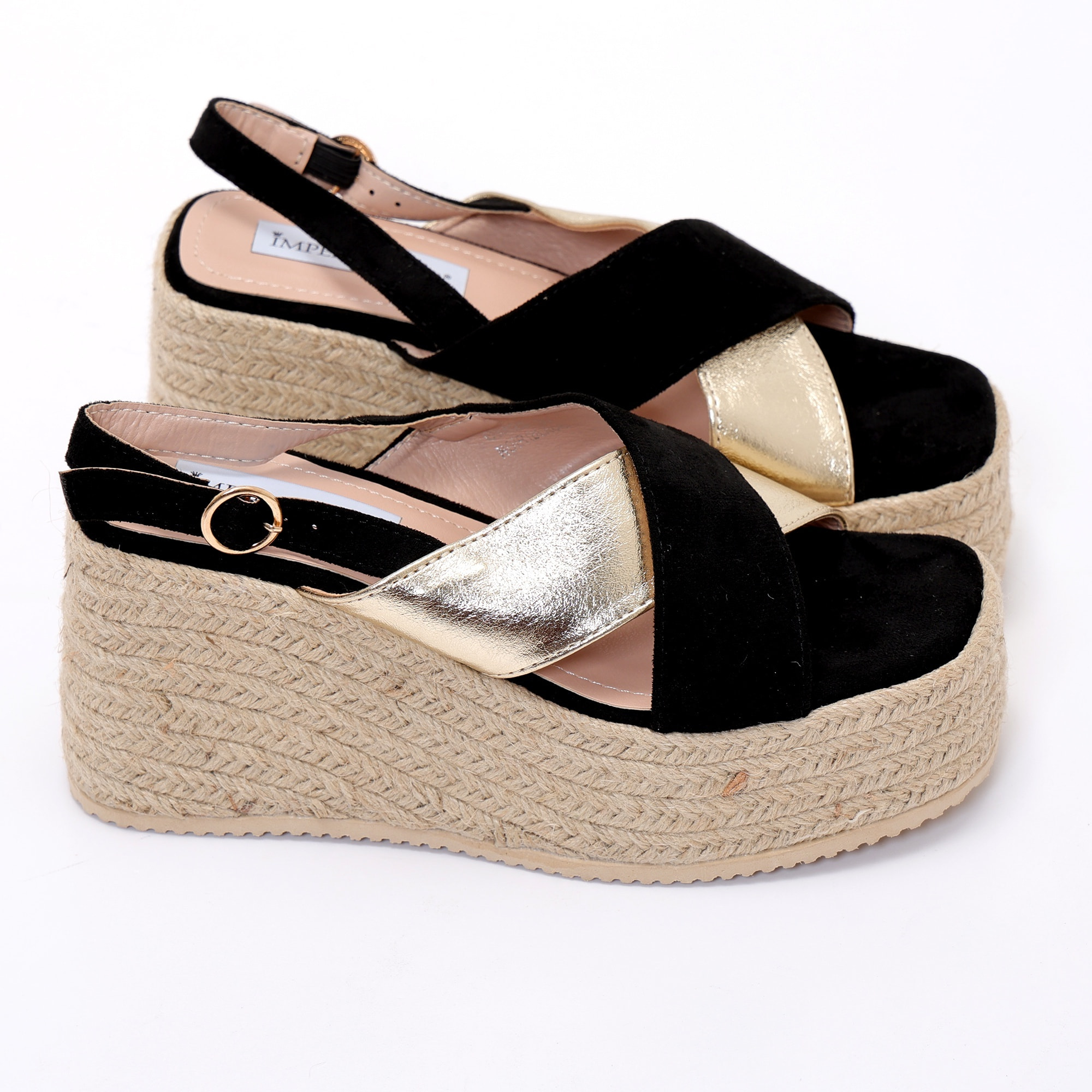 Sandali in simil pelle scamosciata con zeppa in rafia