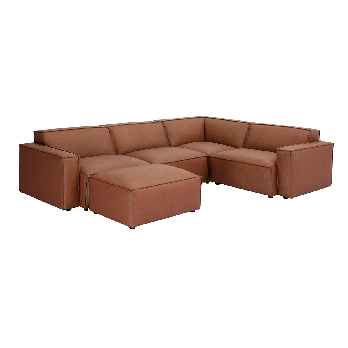 Canapé d'angle modulable vintage 5 places et pouf en cuir marron SPLIT