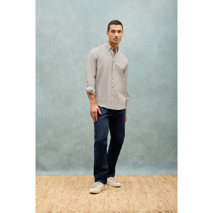 Camicia grigia in lino-cotone regular fit con logo ricamato