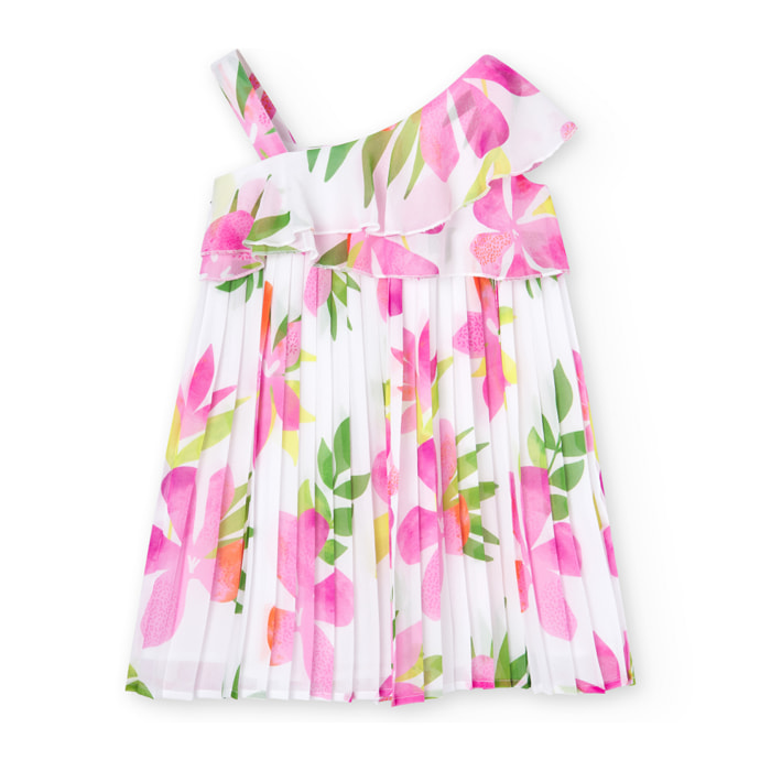 Vestido plisado niña, gasa estampada, flores, rosa