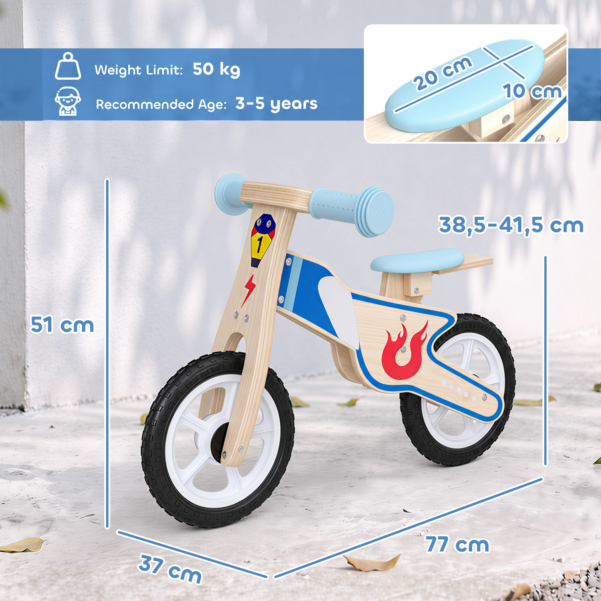 Draisienne enfant bois moto flamme selle réglable pneus EVA