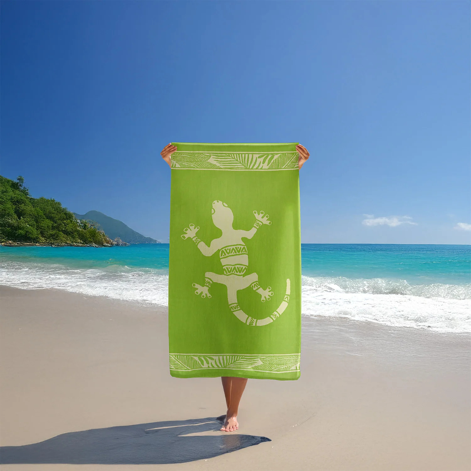 Serviette de plage éponge velours Jacquard Vert 90x170 400g/m² - Cosmo