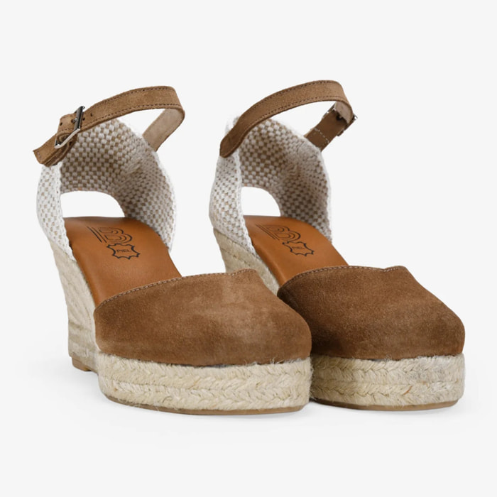 Alpargatas de cuña taupe en piel con esparto