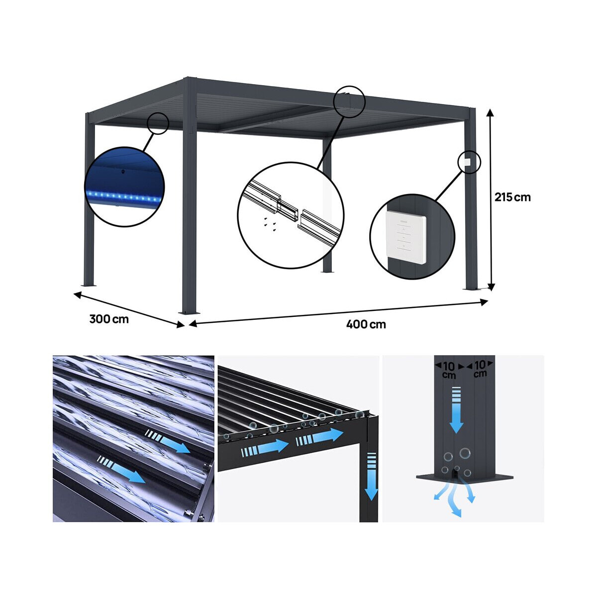 Pergola bioclimatique motorisé avec led "Windsor" en aluminium 3 x 4 - Gris