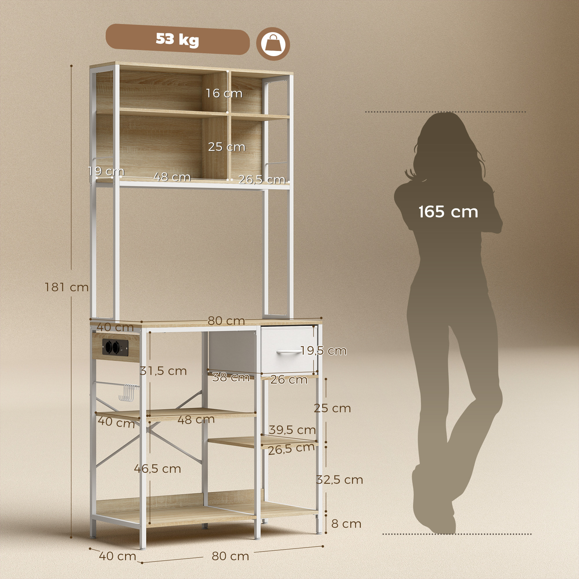 Estantería de Cocina con Enchufes y Puertos USB, Mueble Auxiliar de Cocina, Soporte de Microondas, 8 Estantes, 6 Ganchos, Cajón de Tela, para Espacios Reducidos, 80x40x181 cm, Roble