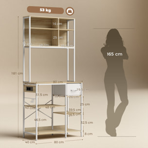 Estantería de Cocina con Enchufes y Puertos USB, Mueble Auxiliar de Cocina, Soporte de Microondas, 8 Estantes, 6 Ganchos, Cajón de Tela, para Espacios Reducidos, 80x40x181 cm, Roble