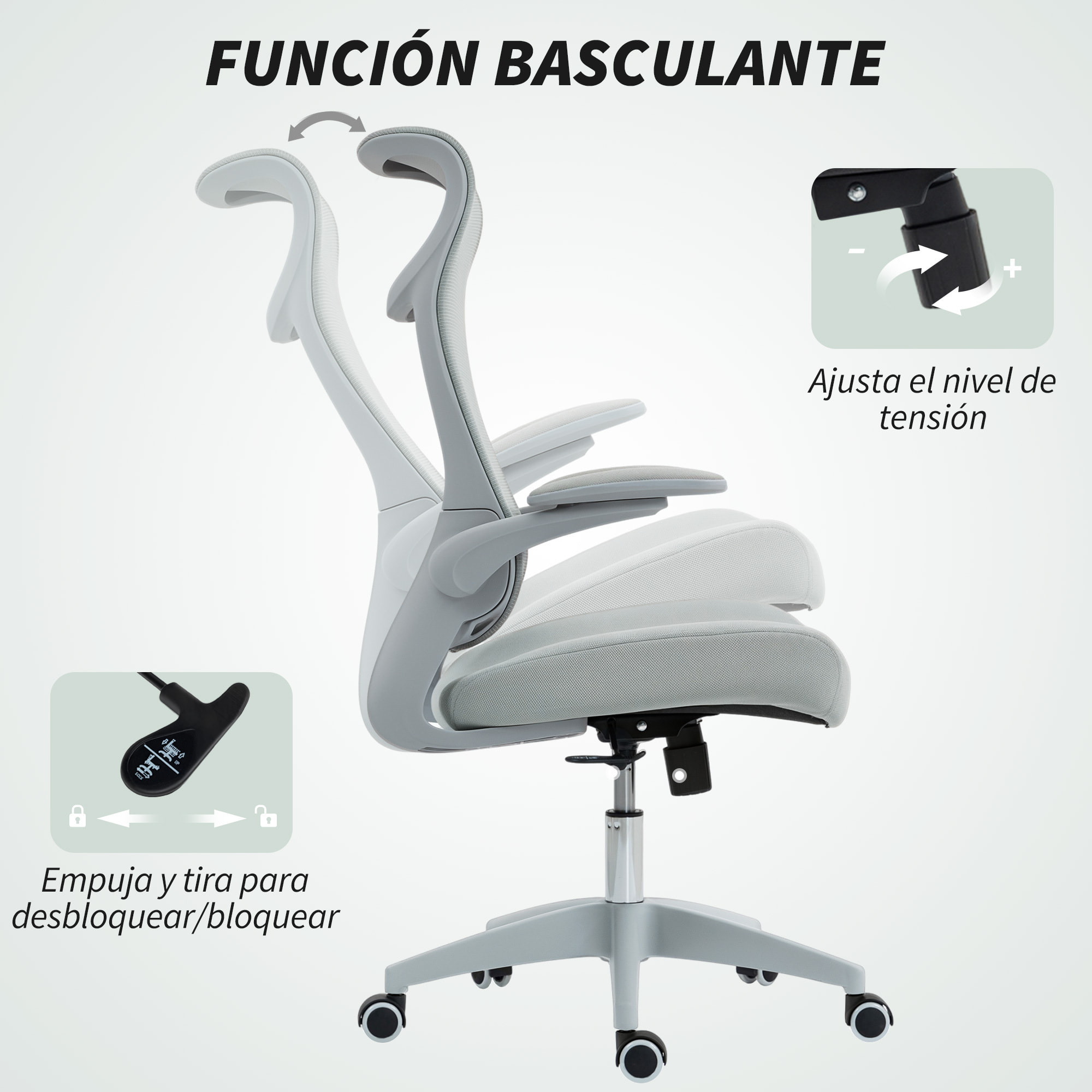 Silla de Oficina Ergonómica Giratoria, con Soporte Lumbar y Reposabrazos 3D Abatibles, Silla de Escritorio de Malla con Reposacabezas Integrado, Función Basculante, Altura Ajustable, Gris